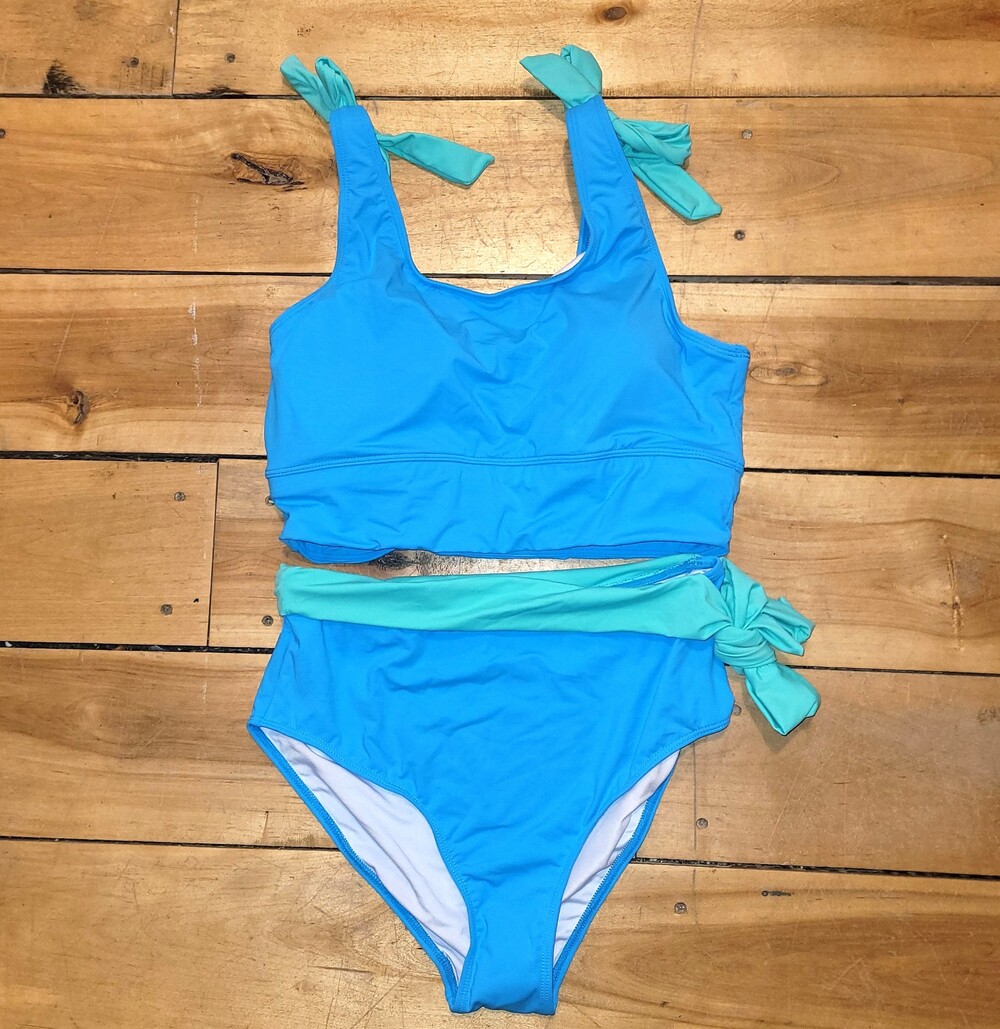 YONIQUE Blue Two-Piece Bikini Set Size M with Light Blue Tie Straps New